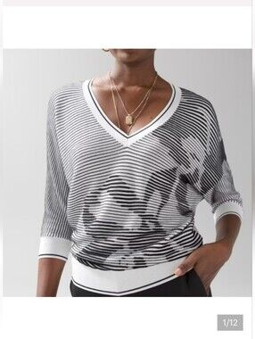 White House Black Market Black and White Striped V-Neck Sweater